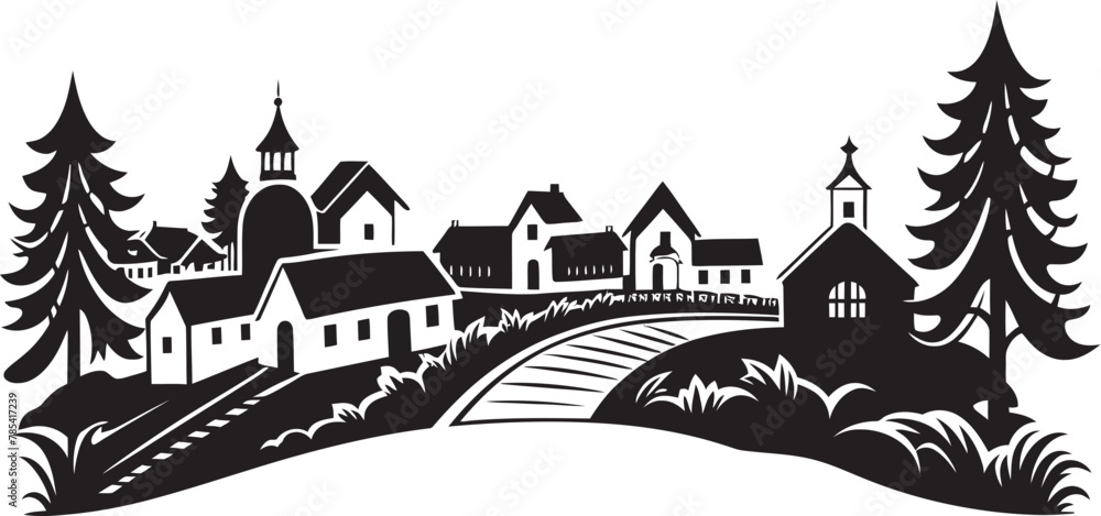 Vintage Vignettes Illustrated Village Panorama in Vector