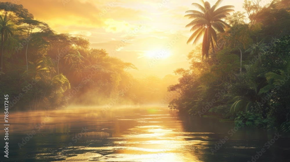 Sunrise: A Fictional Tropical River Landscape 
