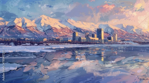Anchorage Skyline in Winter: City Landscape with Snow-Capped Mountains, Inlet Water and Ice