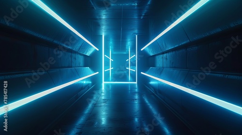 Blue neon lights in futuristic corridor design