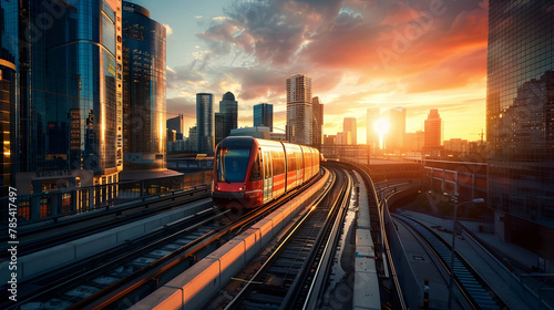 Modern city sunset with red train speeding on elevated tracks photo
