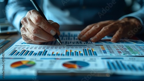 A closeup of hands meticulously writing on financial charts and graphs spread across a modern office desk, detailed line graphs and pie charts in view, showcasing intense focus .