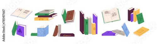 Stacks of paper books set. Open, closed textbooks. Different literature for reading, studying. Vertical, horizontal heaps of diaries with decorated cover. Flat isolated vector illustrations on white