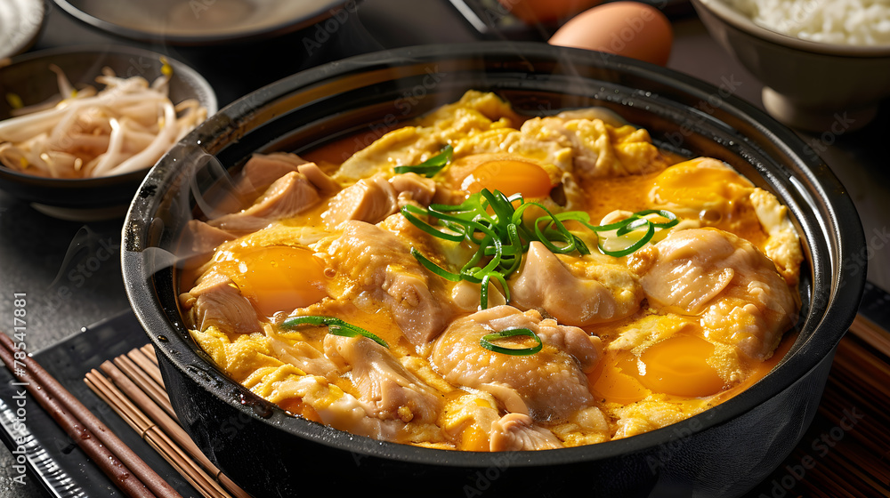 Authentic Simmering Oyakodon in Traditional Japanese Donburi Pan: A Glimpse into Cultural Cuisine