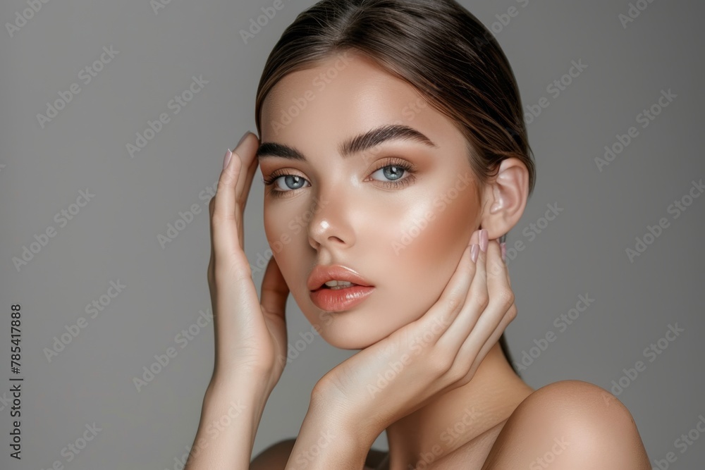 Gorgeous Young Woman Touching Her Smooth Facial Skin, Demonstrating Cosmetology, Beauty, and Spa Concepts.