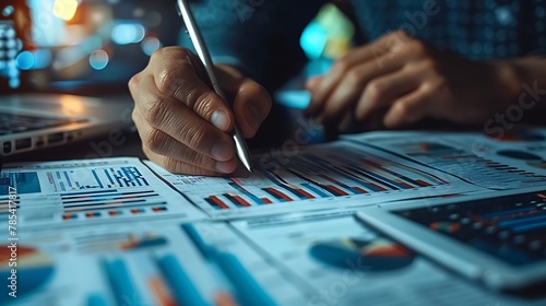 A closeup of the hands of a financial strategist writing predictions on a paper graph, with a digital tablet beside them displaying live stock market feeds. photo