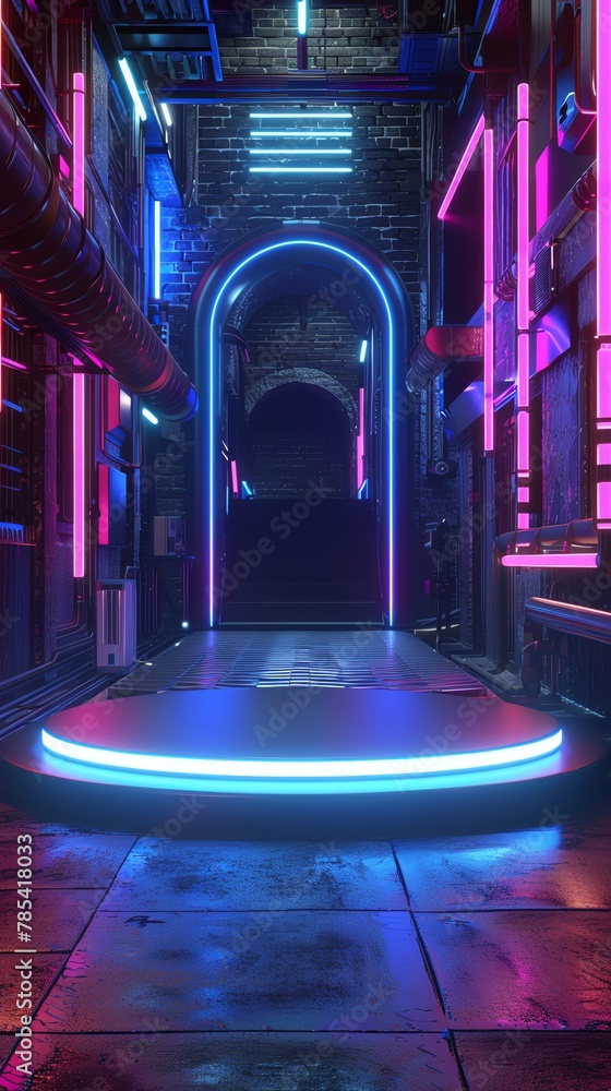 Sleek futuristic podium with neon accents in a dystopian alley, spotlight for a product launch