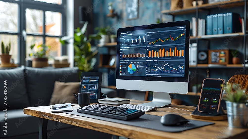 A cozy yet professional home office where an investor writes on investment charts, with personal monitors set up showing various financial statistics and stock performances. A cozy yet professional home office where an investor writes on investment charts, with personal monitors set up showing various financial statistics and stock performances.