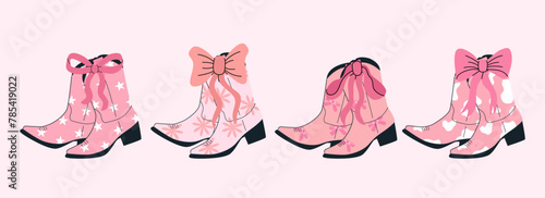 Set of pink trendy cowboy boots. Coquette cowgirl boot with bow. Girly western in flat vector illustration. Collection of retro elements. Cowboy Western and Wild West theme.