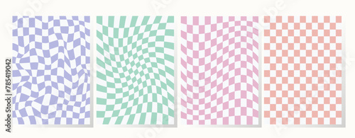 Set of retro backgrounds in pastel colors. Collection groovy checkered pattern in trendy retro y2k style. Vintage aesthetic psychedelic checkerboard texture of the 60-70s. Funky hippie textile print