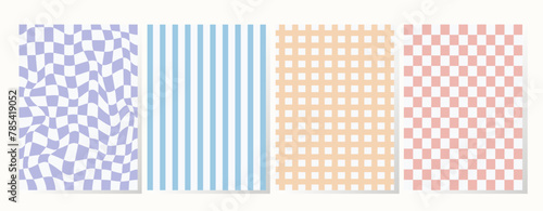 Fototapeta Naklejka Na Ścianę i Meble -  Set of retro backgrounds in pastel colors. Collection groovy checkered pattern in trendy retro y2k style. Vintage aesthetic psychedelic checkerboard texture of the 60-70s. Funky hippie textile print