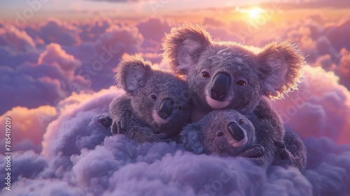Koala family lounging on a cloud, soft pastel dawn, gentle light, high angle, nurturing 3D scene © Leninya