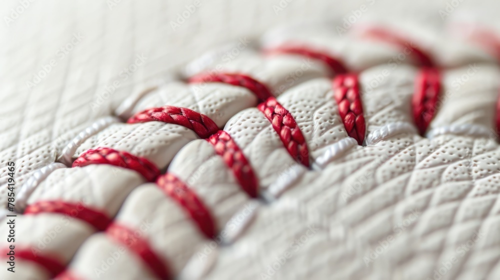 Fototapeta premium Baseball leather ball close up, macro photo of stiches and seam