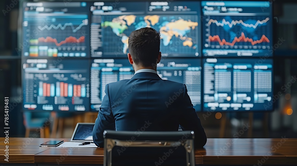A high-stakes environment with a risk manager at a high-tech desk surrounded by multiple screens, each displaying different risk factors and trends. A high-stakes environment with a risk manager at a high-tech desk surrounded by multiple screens, each displaying different risk factors and trends.