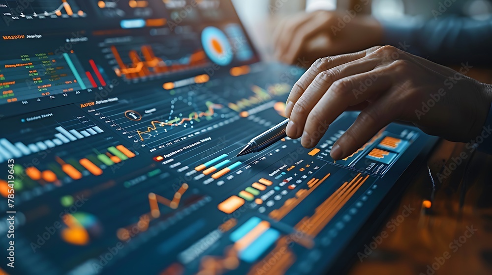 A high-tech financial office with closeup on hands using a futuristic pen to interact with an augmented reality display of market trends and forecasts. A high-tech financial office with closeup on hands using a futuristic pen to interact with an augmented reality display of market trends and forecasts.