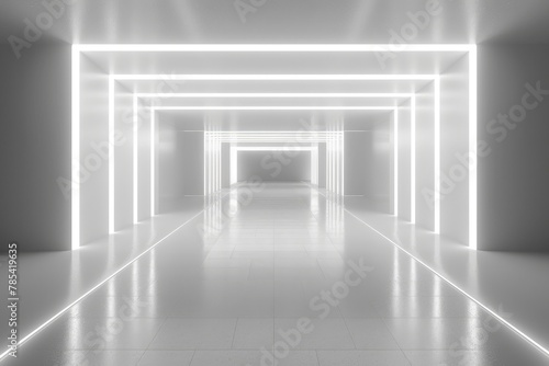 An empty underground white room like tunnel with bare walls and lighting metro