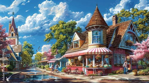 A village ice cream parlor, with families and friends enjoying their treats on a sunny day