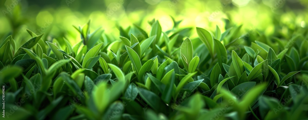 Fototapeta premium Nature Photography. Dew on Lush Green Leaves with Golden Sunlight Flare.