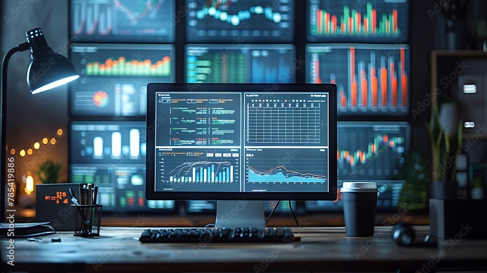 A late-night investment session with a seasoned investor at a desk surrounded by digital screens showing complex graphs of market trends and asset distribution.