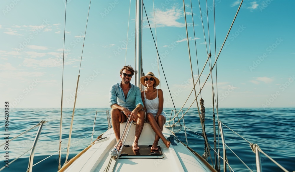 Relaxed couple enjoying a sailboat ride on serene sea