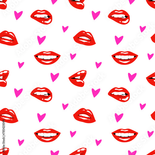 Sexy female red lips and pink hearts on a white background. Seamless pattern, print, vector illustration