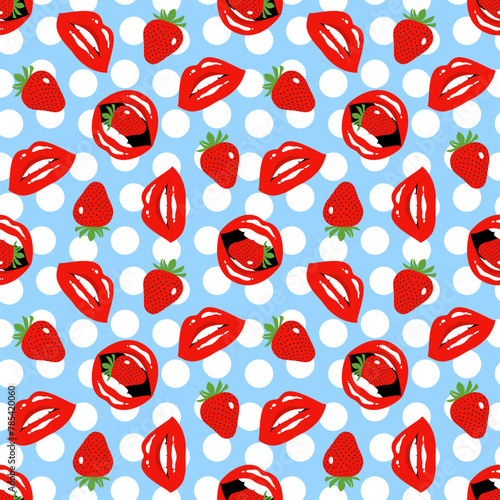 Sexy female red lips with strawberries on a blue background with white circles. Seamless pattern, print, vector illustration