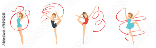 Woman Gymnast with Sport Ribbon Perform Gymnastics Pose Vector Set