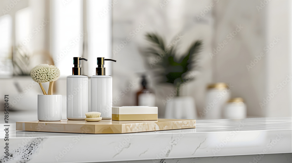 A luxurious toiletries set is placed on a luxury white marble tabletop in a white bathroom. - obrazy, fototapety, plakaty 