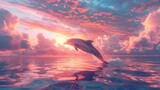 Dolphins leaping between fluffy clouds, sunset pastels, dynamic angle, vibrant 3D illustration