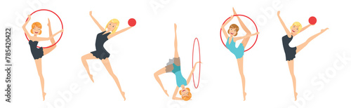 Woman Gymnast with Sport Ball and Hula Hoop Perform Gymnastics Pose Vector Set
