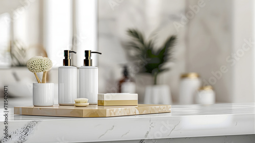 A luxurious toiletries set is placed on a luxury white marble tabletop in a white bathroom.