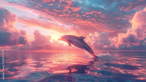 Dolphins leaping between fluffy clouds  sunset pastels  dynamic angle  vibrant 3D illustration