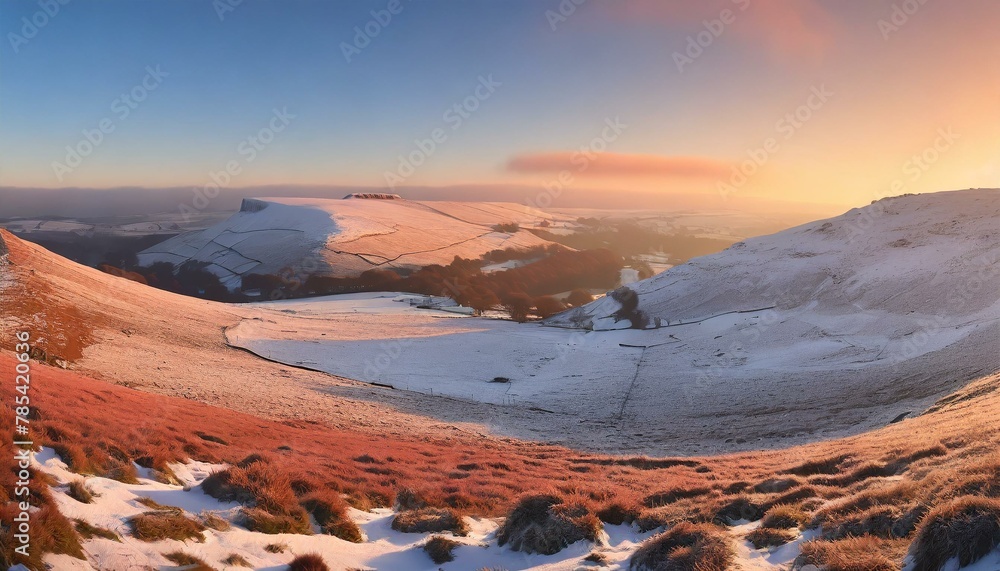 Winter Serenity: Dawn Light in Peak District National Park with Reddish Tones - Wide-angle Photorealistic View