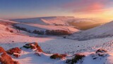 Winter Serenity: Dawn Light in Peak District National Park with Reddish Tones - Wide-angle Photorealistic View