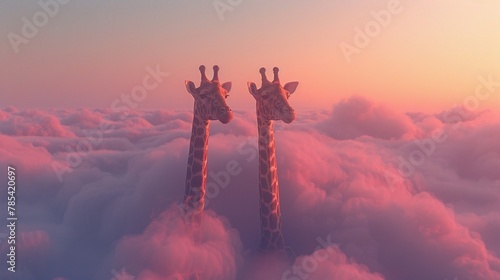 Giraffe heads peeking through pastel clouds, early morning glow, eye level, tranquil 3D fantasy photo