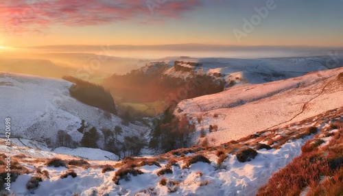 Winter Serenity: Dawn Light in Peak District National Park with Reddish Tones - Wide-angle Photorealistic View"