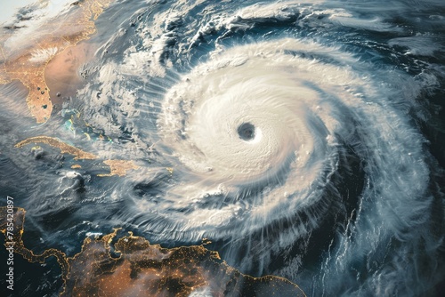 Aerial View of a Powerful Hurricane Over the Ocean, Swirling Clouds and a Clear Eye of the Storm Portraying the Chaos of Nature.