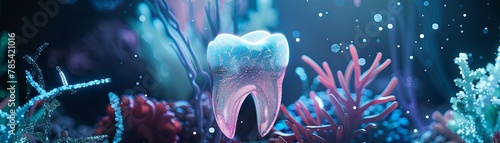 Tooth surrounded by coral and bubbles photo