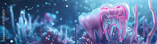 3D illustration of a tooth with roots and nerves surrounded by glowing particles on a dark blue background photo