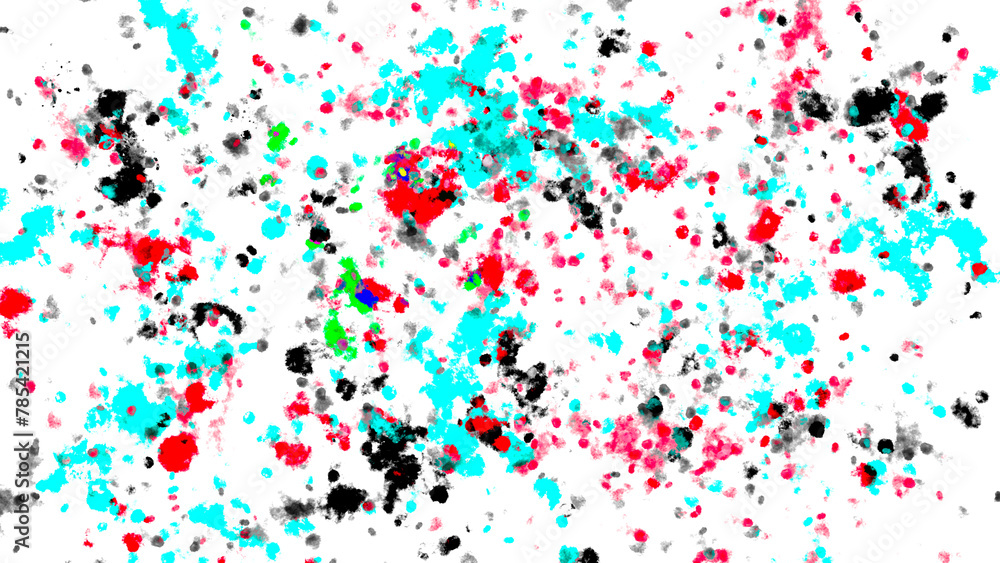 Abstract pattern with bold red, black, cyan and green splatter on a white background.
Abstract pattern with bold red, black, cyan and green splatter on a white background.
