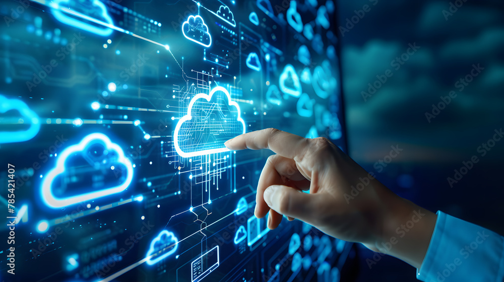 A finger touches a glowing cloud icon on a digital screen. A finger touches a glowing cloud icon on a digital screen.