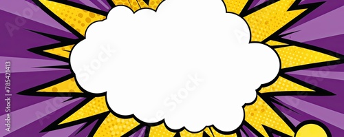 Purple background with a white blank space in the middle depicting a cartoon explosion with yellow rays and stars. The style is comic book vector