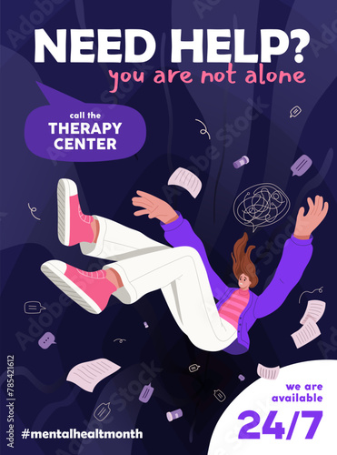 Psychotherapy advertising vertical banner. Promotion poster of psychological counseling hotline. Helpdesk to support and therapy of mental disorders, mind problems, anxiety. Flat vector illustration