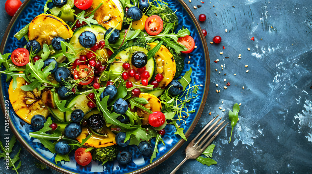 Organic vegetarian salad with yellow zucchini blueberry