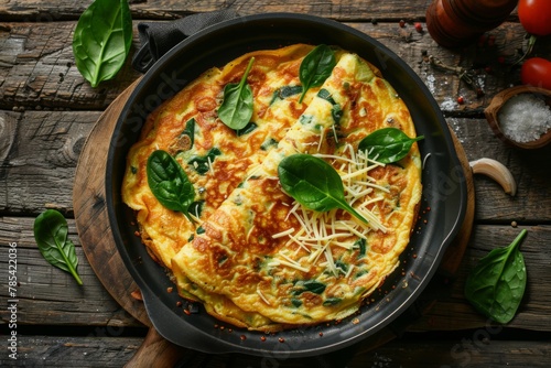 Top-Down Diagonal View of Spinach Omelet in Graphite Pan on Rustic Table

