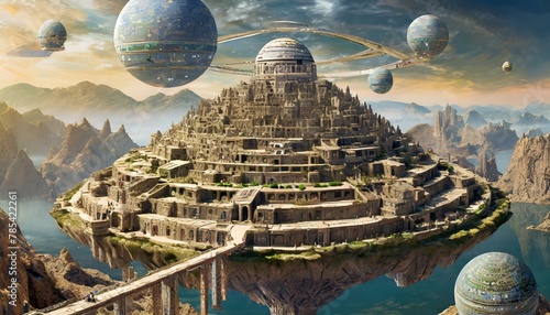 ultra-detailed view of ancient civilization city of many humans floating on a planet, guarded by alien spheres with a message for future generations; narrow walkways on top of many connecting #785422261