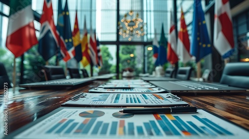 An elegant boardroom setting where a financial expert marks up economic reports at a large table, with flags from different countries hanging above, representing diverse market insights.