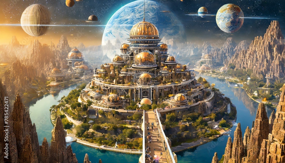 ultra-detailed view of ancient civilization city of many humans floating on a planet, guarded by alien spheres with a message for future generations; narrow walkways on top of many connecting - obrazy, fototapety, plakaty 