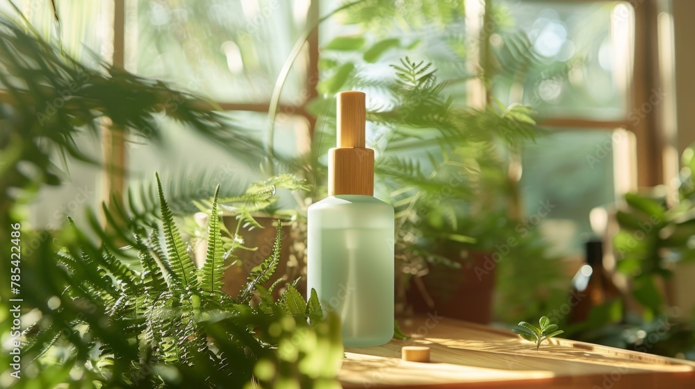 Modern Organic Body Spray in Frosted Green Glass with Bamboo Cap in Spa-Like Bathroom

