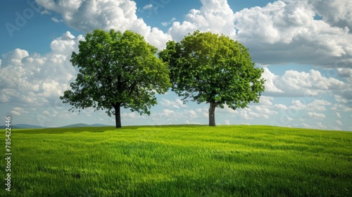 Two trees are standing in a grassy field